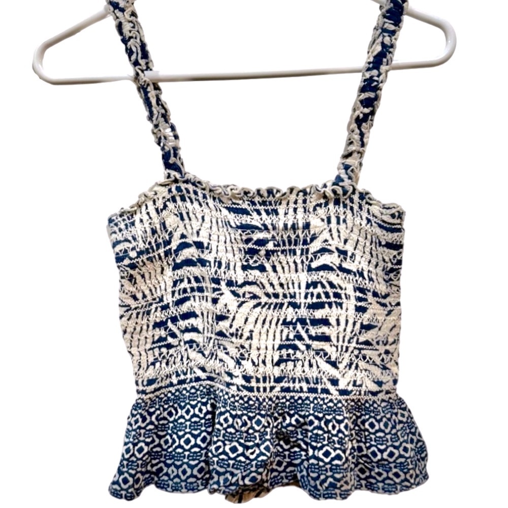 Smocked Strappy Top with Gathered Ruffle Hem - Cream/Bright Cobalt, M